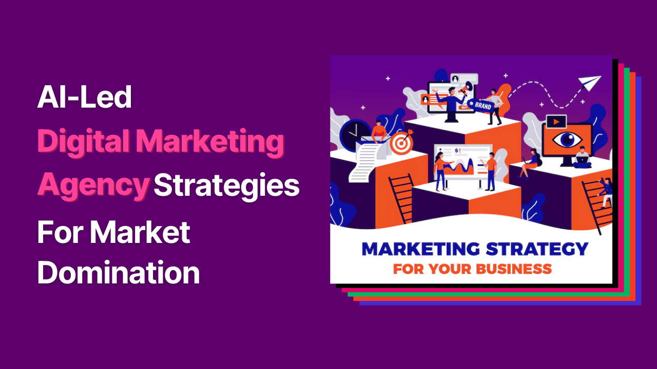 A graphic with a purple background and a text overlay of “AI-led Digital marketing agency strategies for market domination”.