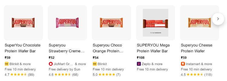 A screengrab of SuperYou Protein Wafer Bars priced economically on various quick commerce platforms 