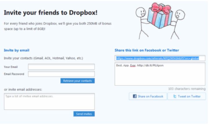  An image that shows the referral programme by Dropbox 