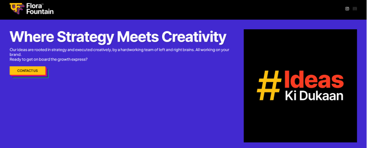 Flora Fountain website homepage banner with the headline “Where Strategy Meets Creativity,” 