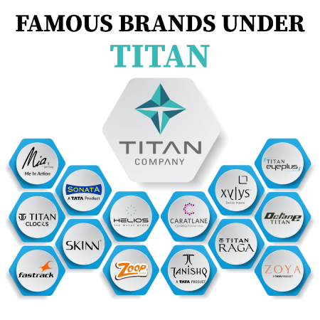 A grid showing Titan's sub-brand logos, including Tanishq, Fastrack, Titan Eye+, and Skinn