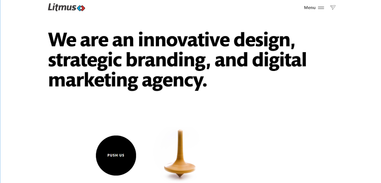 Minimal homepage banner for Litmus agency featuring bold text stating “We are an innovative design, strategic branding, and digital marketing agency 