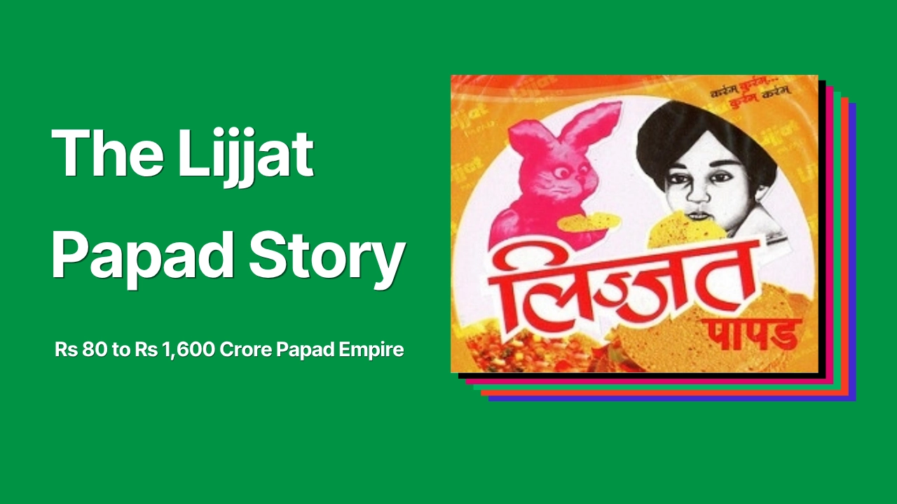 Green graphic showing a Lijjat Papad pack with bold text reading "The Lijjat Papad Story"