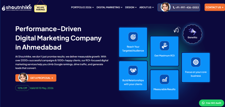 Homepage banner for Shoutnhike digital marketing agency featuring the headline “Performance-Driven Digital Marketing Company in Ahmedabad”.