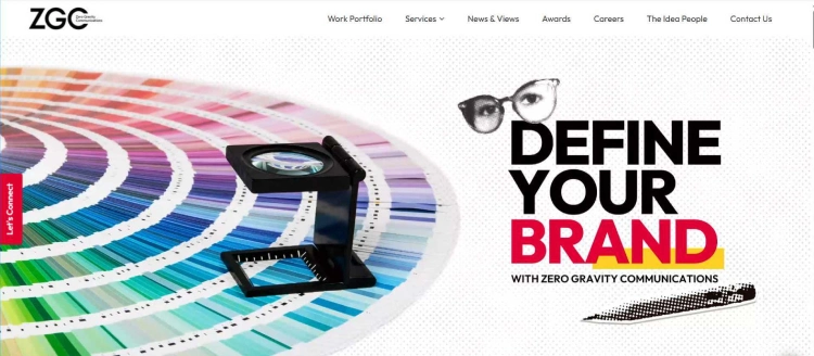 Website banner for Zero Gravity Communications featuring a circular colour swatch palette with a magnifying tool on top 