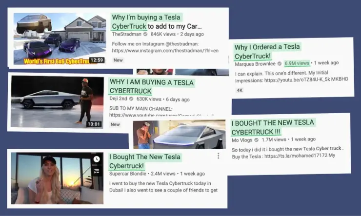 A compilation grid of famous YouTubers sharing their review of their Tesla Car 