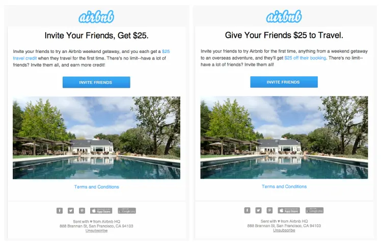 Side-by-side Airbnb referral emails showing two headline variations offering $25 travel credit for inviting friend 