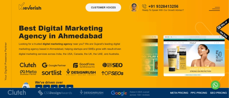 Kleverish website homepage showcasing “Best Digital Marketing Agency in Ahmedabad,” 