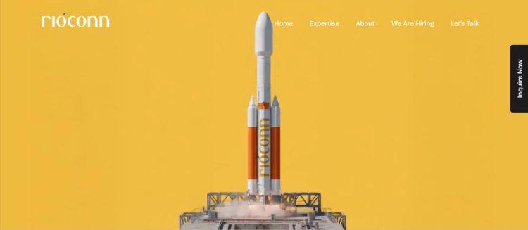 Rioconn website banner featuring a rocket launching against a bright yellow background 