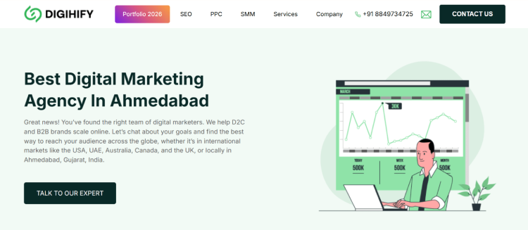 Digihify website homepage featuring the headline “Best Digital Marketing Agency in Ahmedabad,” 