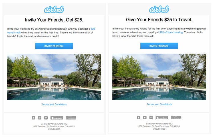 Side-by-side Airbnb referral emails showing two headline variations offering $25 travel credit for inviting friend 