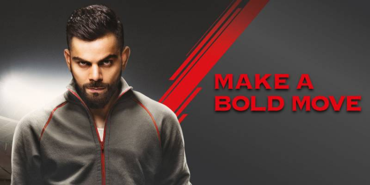 A graphic image of Virat Kohli with text overlay “Play Bold” 