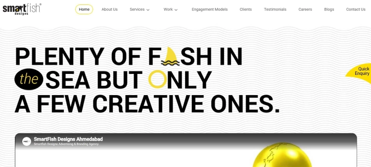 Website banner of a branding and advertising agency in Ahmedabad called ‘Smartfish Designs’. 
