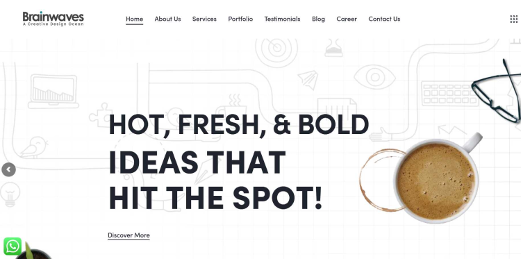 Homepage banner for Brainwaves creative agency featuring bold headline “Hot, Fresh, & Bold Ideas That Hit the Spot!” 