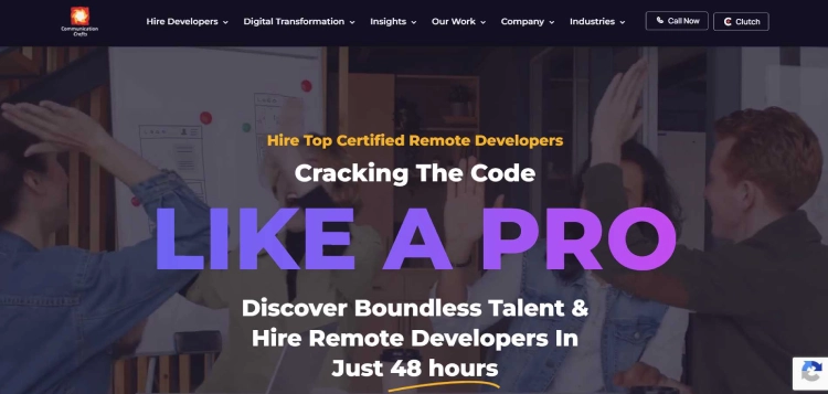Homepage banner for Communication Crafts featuring a team of professionals high-fiving in an office setting, with overlay text reading “Hire Top Certified Remote Developers.” 