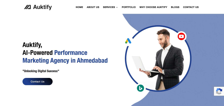 Digital marketing agency banner for Auktify, highlighting their expertise as a "Performance Marketing Agency in Ahmedabad" 