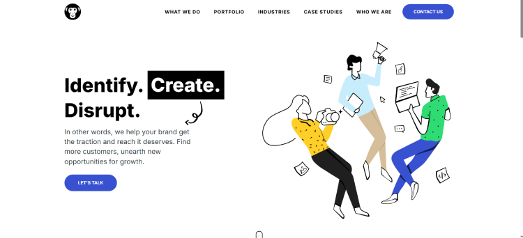 Website hero section for a creative agency with the headline “Identify. Create. Disrupt.” 