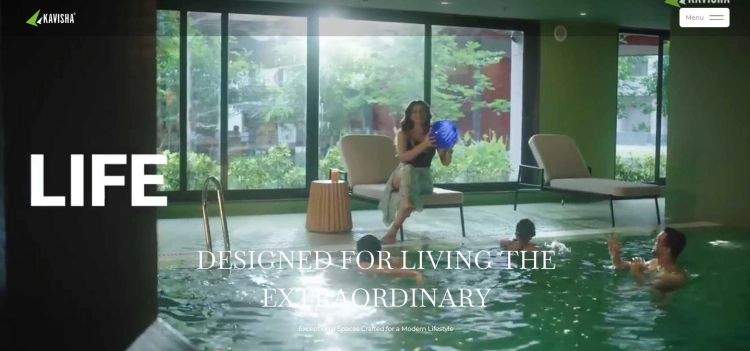Website banner of Kavisha Group that says “Designed to live the extraordinary”. 