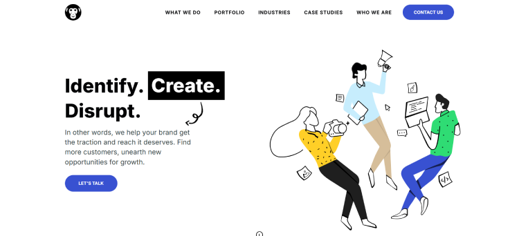 Homepage banner featuring bold text “Identify. Create. Disrupt.” with supporting copy about helping brands grow 