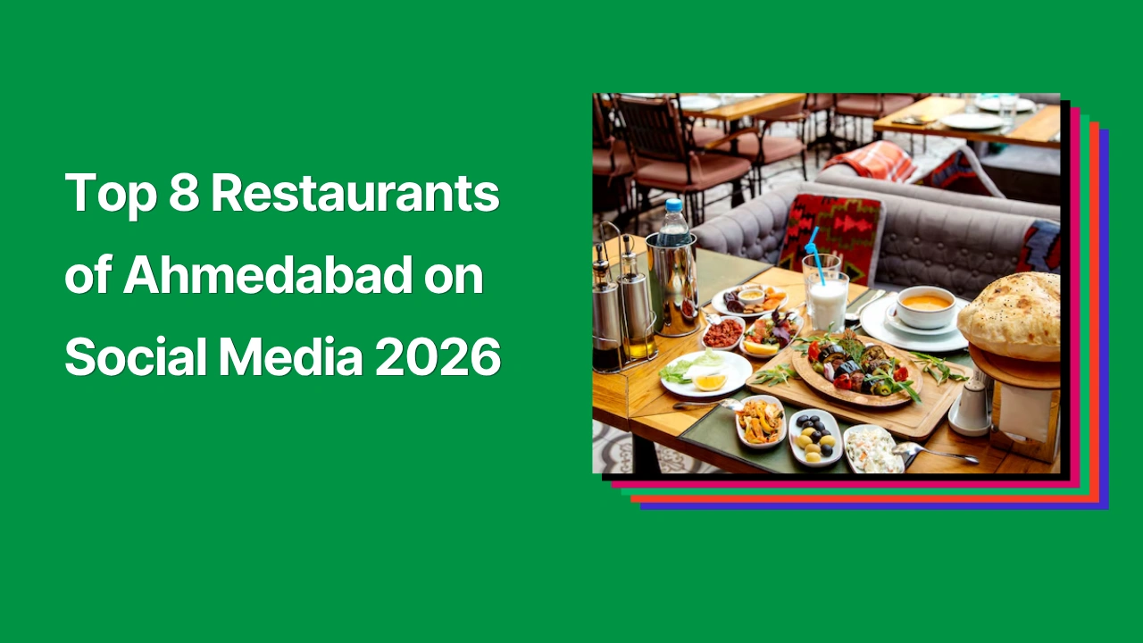 Blog cover image with a green background and a restaurant vector image with a text overlay “ Top 8 Restaurants of Ahmedabad on Social Media in 2026”