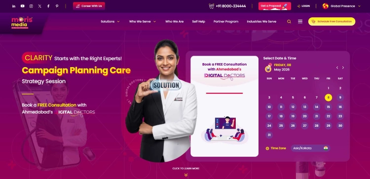 Digital marketing and PR agency banner for Moris Media, featuring their Digital Doctors branding and a focus on clinical, data-driven growth strategies. 