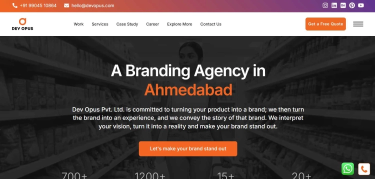 Website banner of a branding company in Ahmedabad called “ Dev Opus”. 