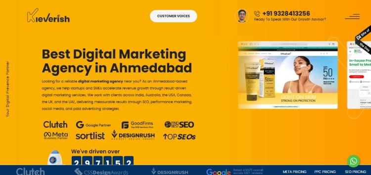 Homepage banner for Kleverish digital marketing agency with bold headline “Best Digital Marketing Agency in Ahmedabad,” 
