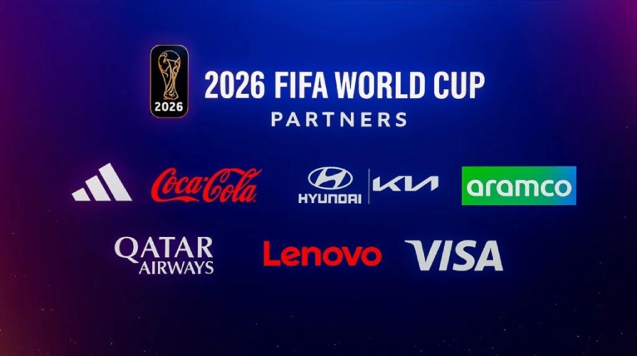 Graphic showing the 2026 FIFA World Cup Partners, featuring logos of Adidas, Coca-Cola, Hyundai, Kia, Aramco, Qatar Airways, Lenovo and Visa on a dark blue gradient background. 