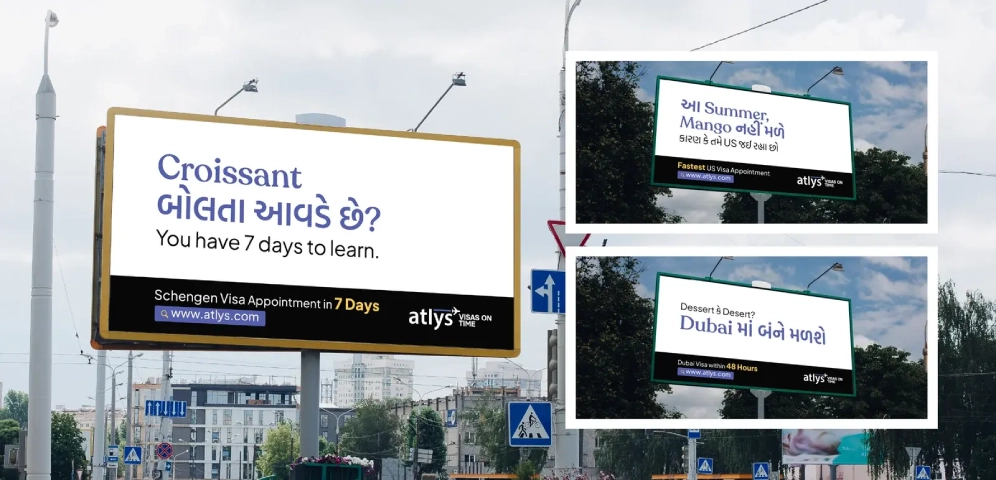 An image of a collection of OOH campaigns that Flora Fountain conceptualised for Atlys. 