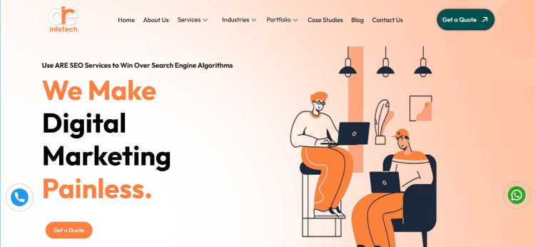 Homepage banner of ARE InfoTech digital marketing agency featuring the headline “We Make Digital Marketing Painless” 