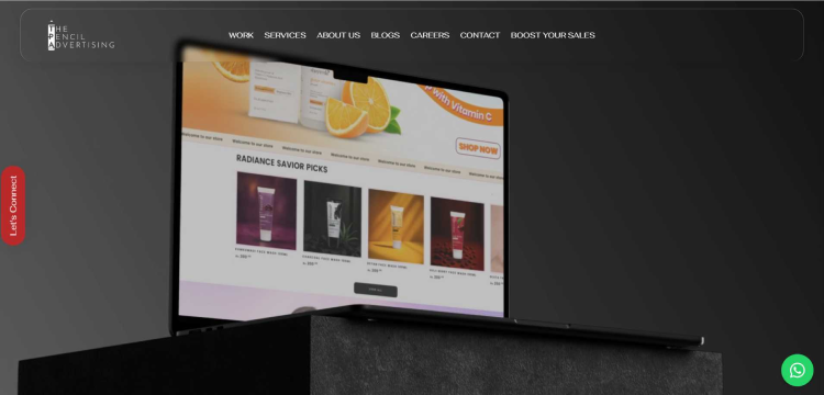 The Pencil Advertising agency website banner showcases a sleek laptop displaying an e-commerce skincare website 
