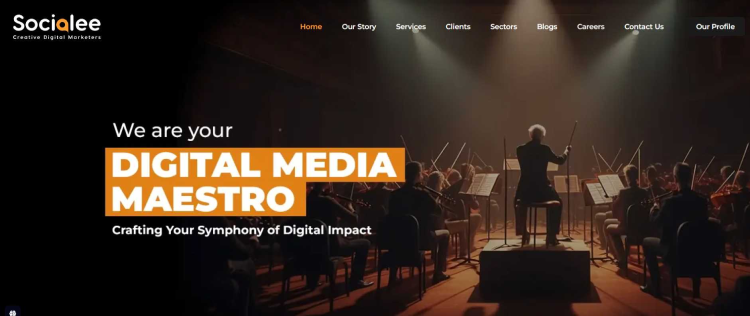  Homepage of Socialee, a digital marketing agency in Ahmedabad focusing on social media and performance marketing. 