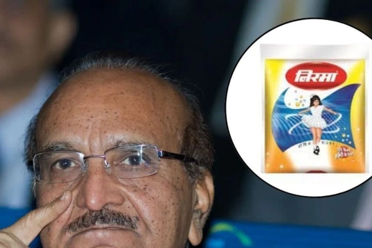 An older man wearing glasses is shown in close-up, with an inset image of a Nirma detergent packet