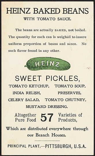 Heinz trade card from the 19th century, promoting various products. Features the Heinz pickle. 