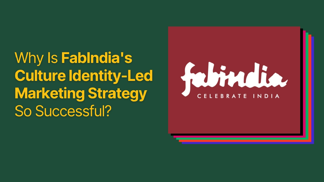 A Dark green blog banner with a FAb India logo and a text overlay that says “Why Is FabIndia's Culture Identity-Led Marketing Strategy Successful?”