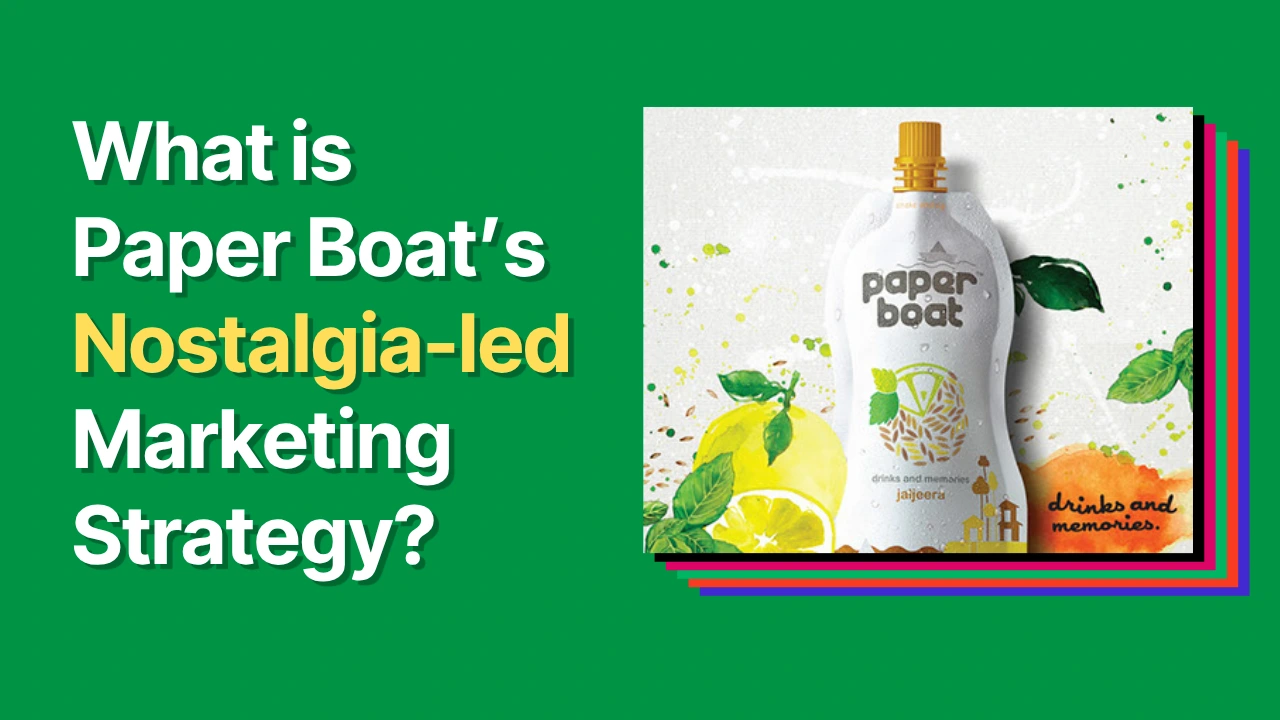 Marketing graphic titled "What is Paper Boat's Nostalgia-led Marketing Strategy?" featuring a Paper Boat drink pouch.