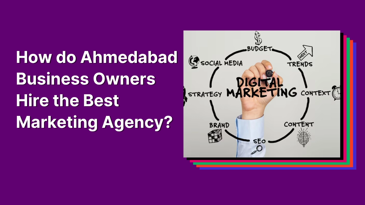 Blog cover image with a purple background and a text overlay “How do Ahmedabad Business Owners Hire the Best Marketing Agency?”