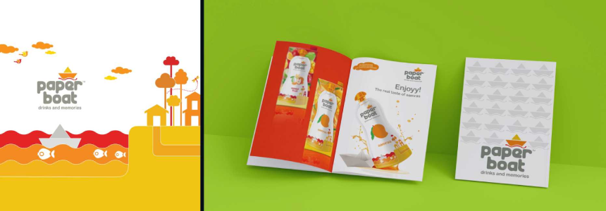 Paper Boat brand marketing materials, including a graphic illustration and product brochures, displayed against a bright green background.