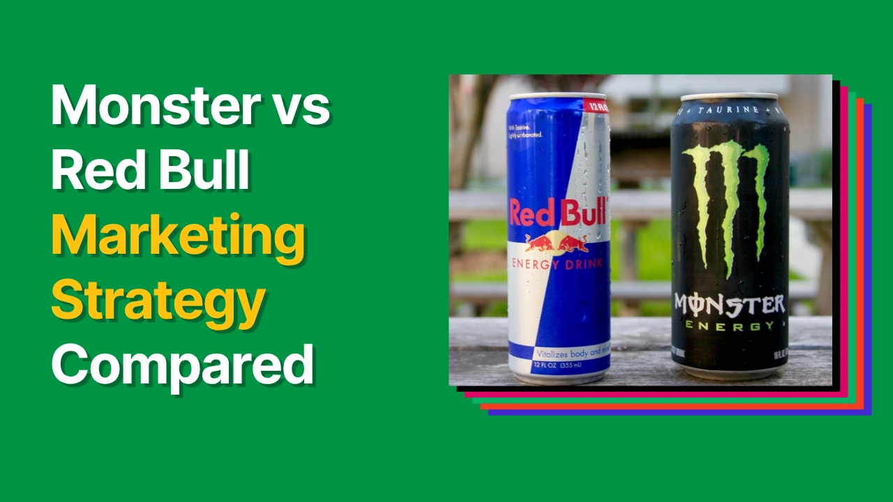 A green blog banner image with a text overlay “Monster vs Red Bull Marketing Strategy Compared”