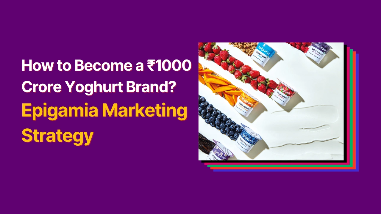 Purple blog banner titled “How to Become a ₹1000 Crore Yoghurt Brand? Epigamia Marketing Strategy,”