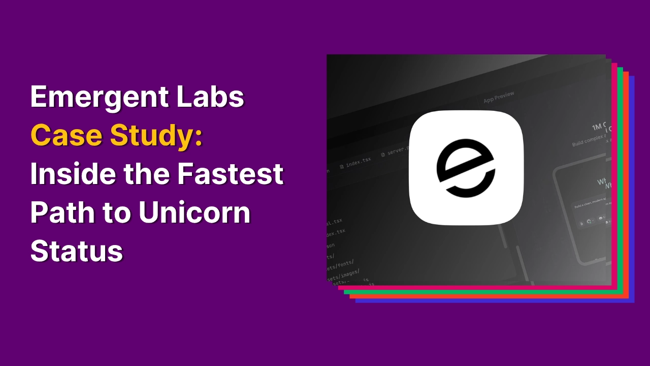 Blog cover image with a purple background and Emergent AI logo with text overlay “Emergent Labs Case Study: Inside the Fastest Path to Unicorn Status”