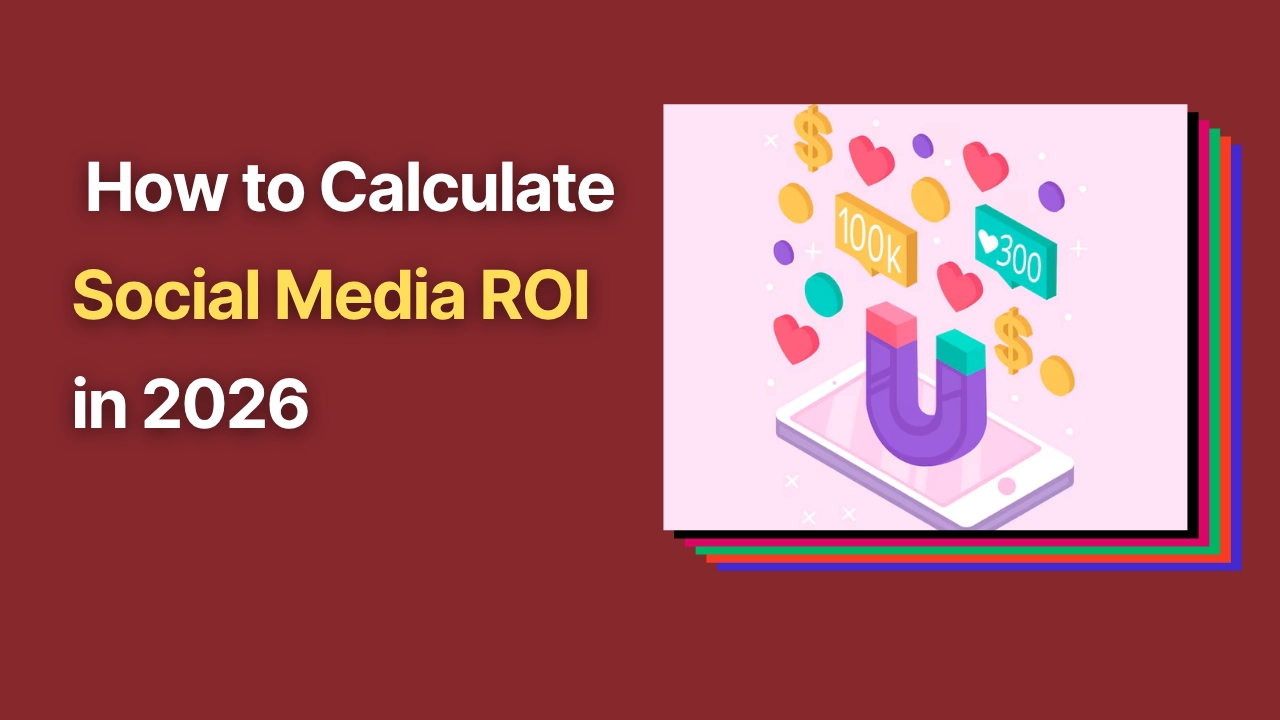 Blog cover image with social media elements and a text overlay “ How to Calculate Social Media ROI in 2026”