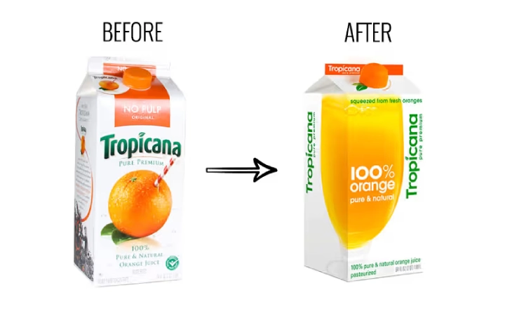 Side-by-side comparison showing the Tropicana orange juice carton redesign, with the original package on the left labelled "BEFORE" and the redesigned package featuring a glass of juice on the right labelled "AFTER." 
