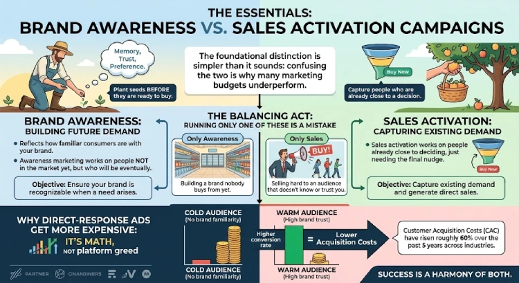 An infographic titled "The Essentials: Brand Awareness vs. Sales Activation Campaigns" explaining how to balance both strategies to optimise marketing budgets. 