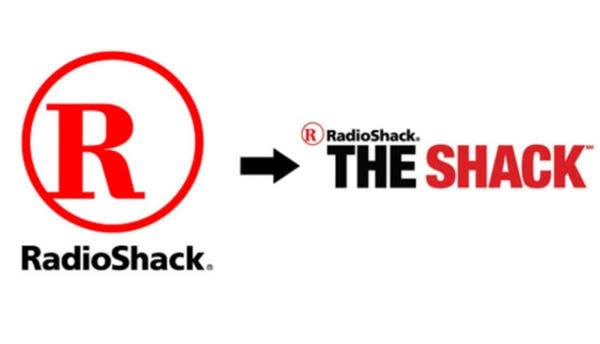 Side-by-side comparison of RadioShack’s traditional brand identity and its 2009 “The Shack” advertising campaign, created to give the electronics retailer a more contemporary image. 