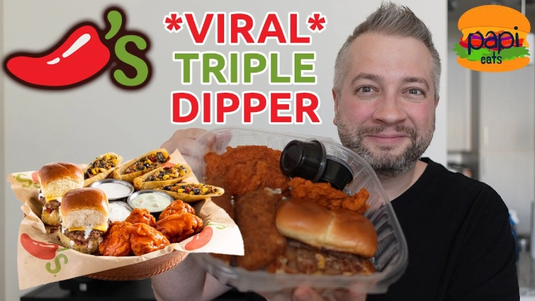 YouTube video thumbnail with a text overlay “Trying the VIRAL Chili's Triple Dipper Appetiser Meal”