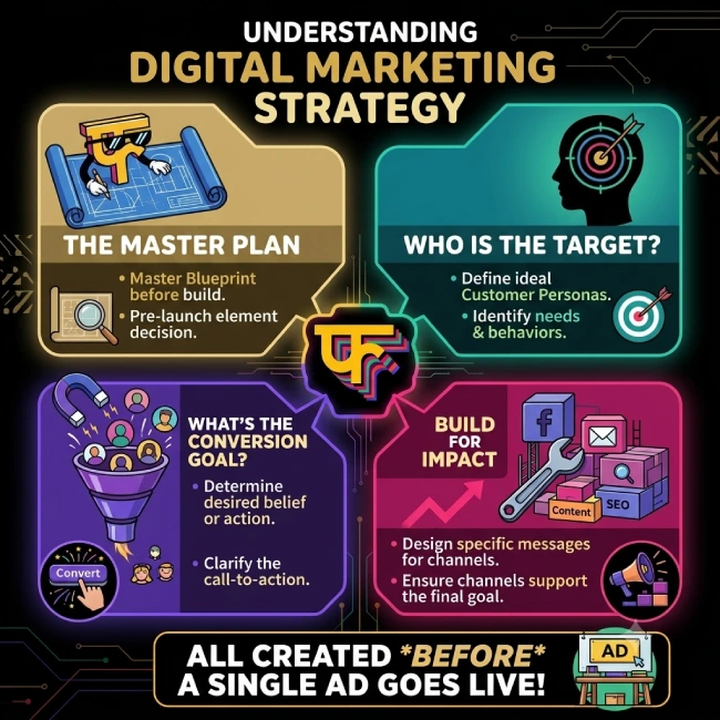 Infographic that explains the components of a digital marketing strategy 