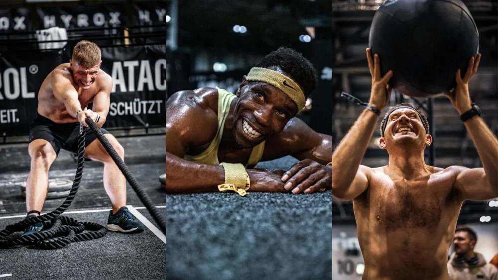 Three-panel collage showing Hyrox athletes in action 