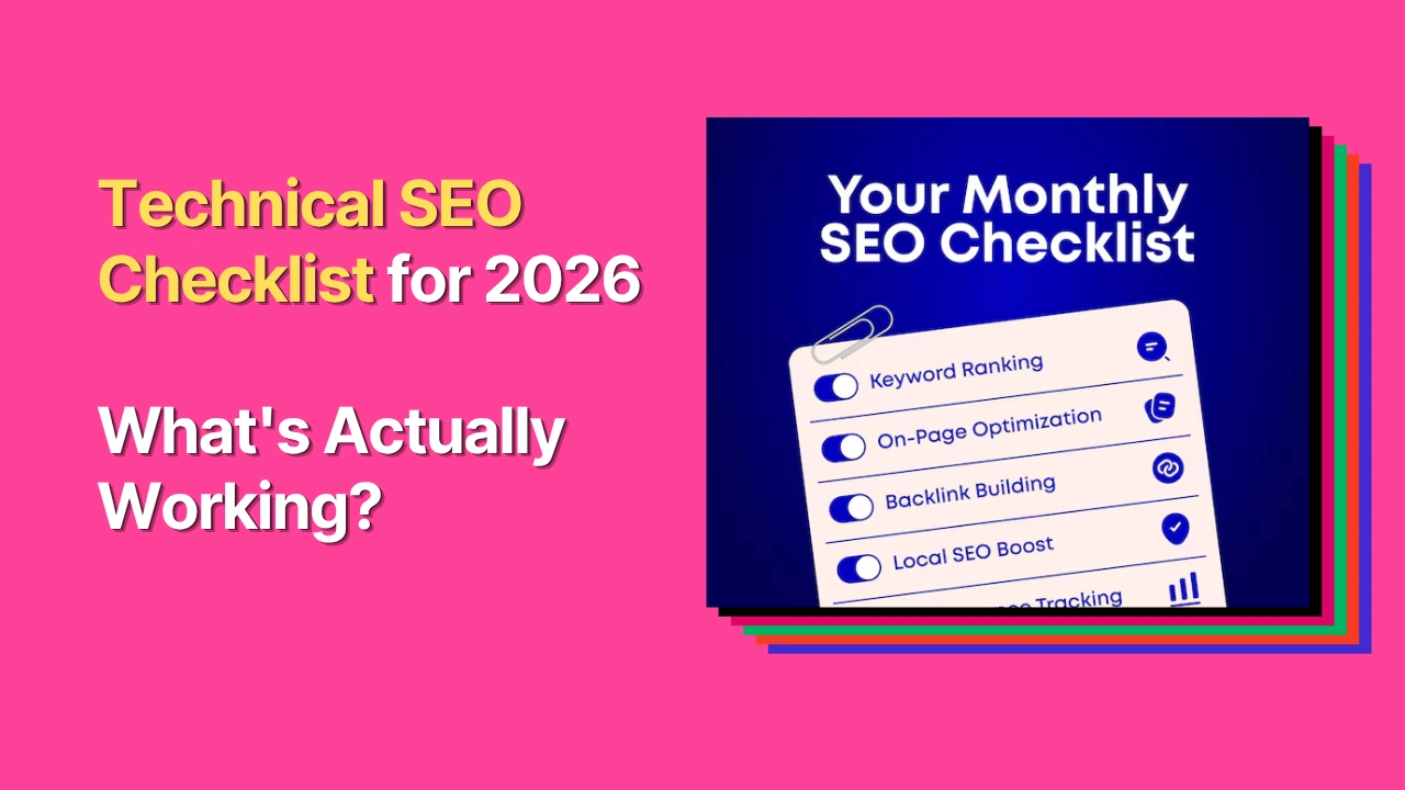 Technical SEO Checklist for 2026 title graphic on a pink background alongside an illustration of a monthly SEO checklist card.