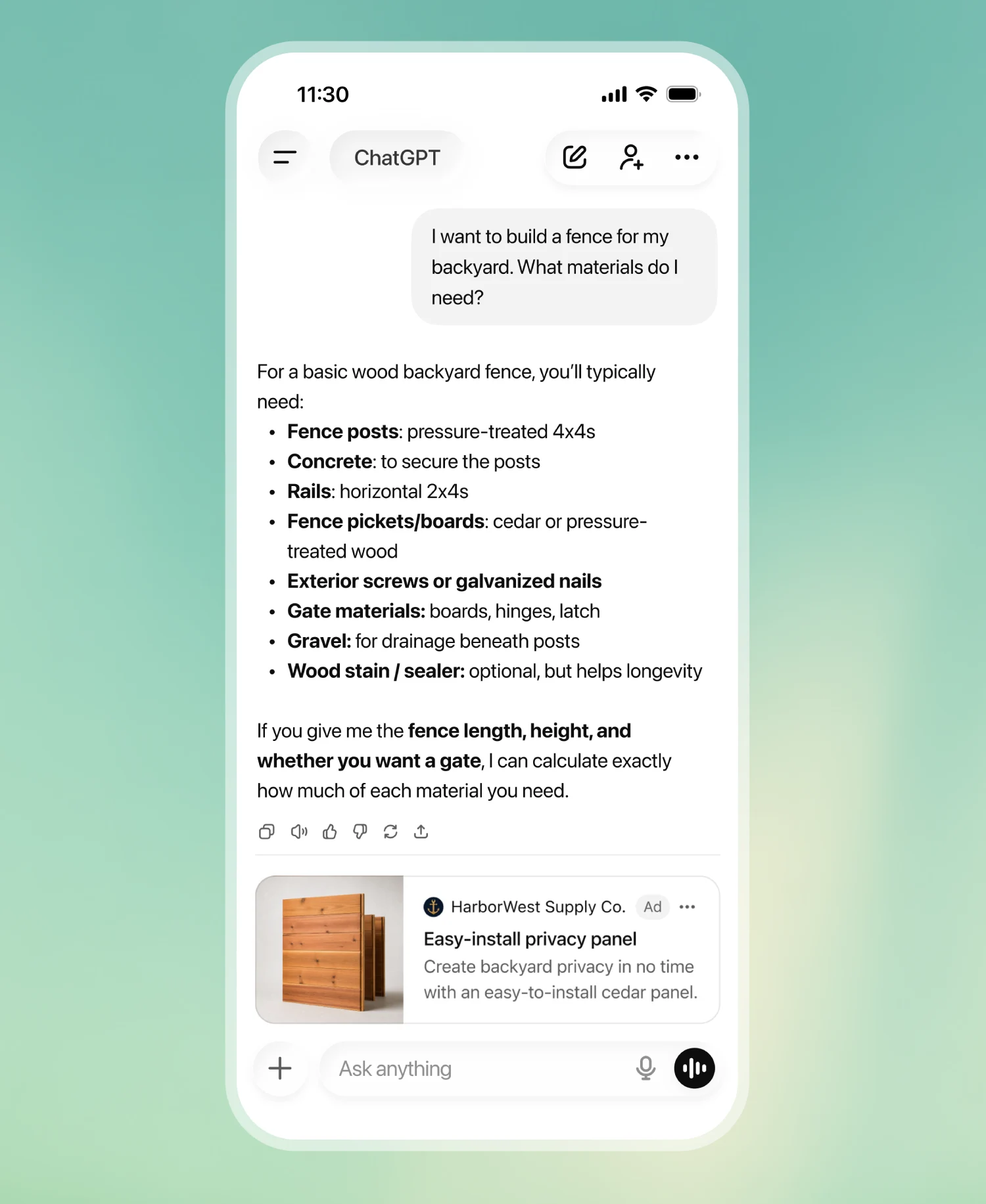 ChatGPT mobile interface showing a user asking about backyard fence materials, followed by an AI response and a sponsored product ad for a cedar privacy panel.
